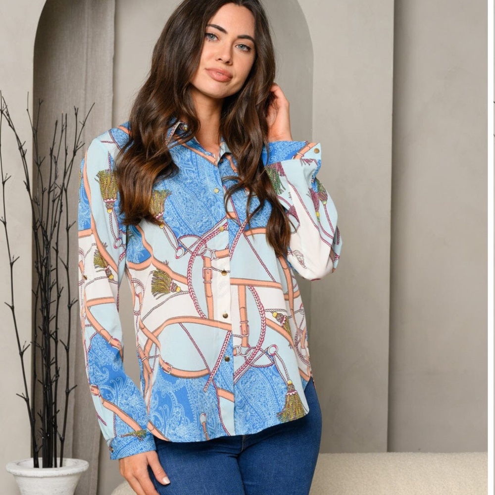 WOMEN'S MULTI PRINT LONG SLEEVE BUTTON UP TOP